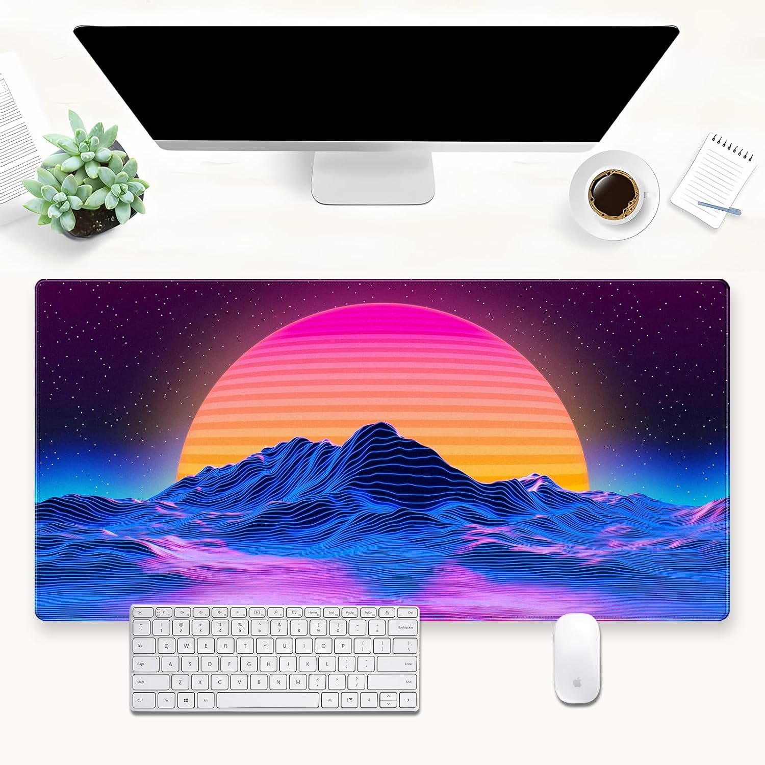 Retro Gaming Desk - Retro Synthwave Mountain Sun Masa Matı,