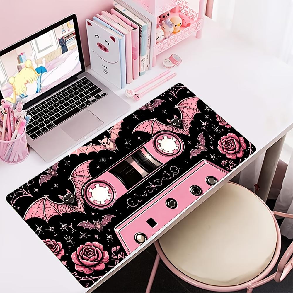 Retro Gaming Desk - Pembe Retro Kaset Bant Desenli Büyük