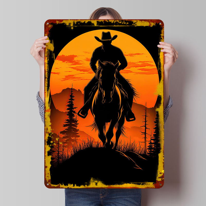 Retro Gaming At Home - Kovboy siluet gün batımı Metal poster